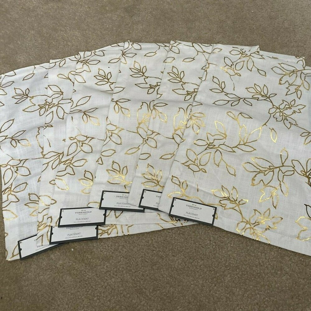 Set of 6 Rectangle Placemats Gold Tone Leaves